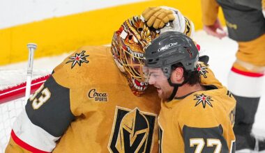 Adin Hill and Kai Uchacz celebrate Vegas' win