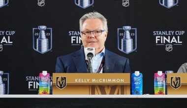Jun 2, 2023; Las Vegas, Nevada, USA; Vegas Golden Knights general manager Kelly McCrimmon and Vegas Golden Knights head coach Bruce Cassidy take questions during media day in advance of the 2023 Stanley Cup Final. Mandatory Credit: Stephen R. Sylvanie-Imagn Images