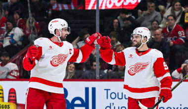 Jan 10, 2026; Montreal, Quebec, CAN; Detroit Red Wings center Dylan Larkin (71) celebrates with right wing Alex DeBrincat (93) his goal against the Montreal Canadiens during the second period at Bell Centre. Mandatory Credit: David Kirouac-Imagn Images