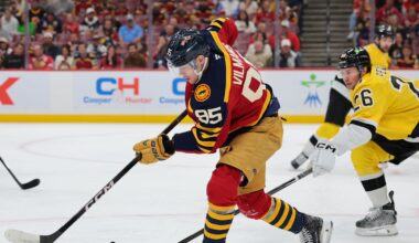 Feb 4, 2026; Sunrise, Florida, USA; Florida Panthers left wing Sandis Vilmanis (95) moves the puck against the Boston Bruins during the first period at Amerant Bank Arena. Mandatory Credit: Sam Navarro-Imagn Images