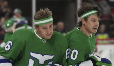 Mar 26, 2023; Raleigh, North Carolina, USA;  Carolina Hurricanes center Sebastian Aho (20) and Carolina Hurricanes left wing Teuvo Teravainen (86) interact during the warmups before the game against the Boston Bruins at PNC Arena. Mandatory Credit: James Guillory-Imagn Images