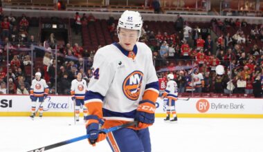 Dec 30, 2025; Chicago, Illinois, USA; New York Islanders center Calum Ritchie (64) warms up before a game against the Chicago Blackhawks at United Center. Mandatory Credit: Talia Sprague-Imagn Images