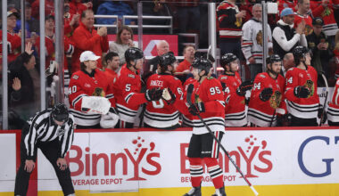 Feb 2, 2026; Chicago, Illinois, USA; Chicago Blackhawks right wing Ilya Mikheyev (95) high-fives teammates after scoring a second-period goal against the San Jose Sharks at United Center. Mandatory Credit: Talia Sprague-Imagn Images