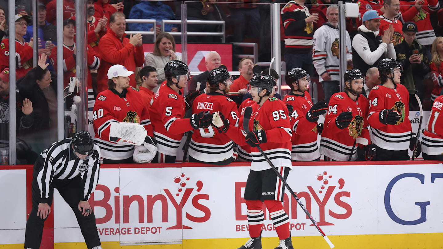 Feb 2, 2026; Chicago, Illinois, USA; Chicago Blackhawks right wing Ilya Mikheyev (95) high-fives teammates after scoring a second-period goal against the San Jose Sharks at United Center. Mandatory Credit: Talia Sprague-Imagn Images