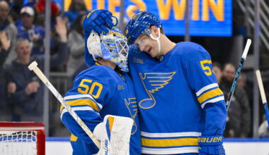 Jan 3, 2026; St. Louis, Missouri, USA; St. Louis Blues goaltender Jordan Binnington (50) celebrates with defenseman Colton Parayko (55) after recording a shutout in a victory over the Montreal Canadiens at Enterprise Center. Mandatory Credit: Jeff Curry-Imagn Images