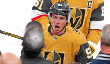 Jan 29, 2026; Las Vegas, Nevada, USA; Vegas Golden Knights right wing Mitch Marner (93) shouts toward a team mate on the bench after scoring a goal against the Dallas Stars during the third period at T-Mobile Arena. Mandatory Credit: Stephen R. Sylvanie-Imagn Images