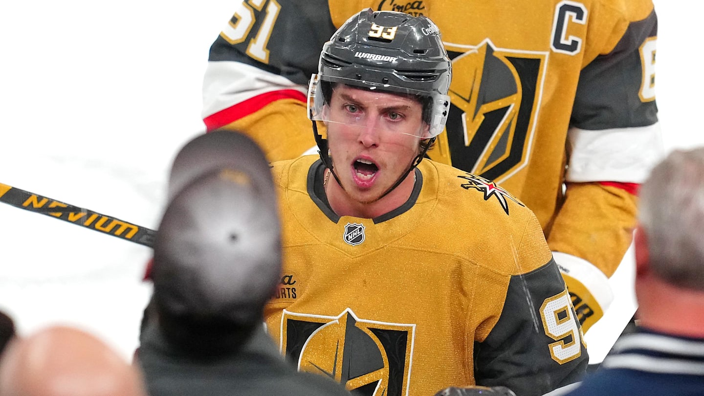 Jan 29, 2026; Las Vegas, Nevada, USA; Vegas Golden Knights right wing Mitch Marner (93) shouts toward a team mate on the bench after scoring a goal against the Dallas Stars during the third period at T-Mobile Arena. Mandatory Credit: Stephen R. Sylvanie-Imagn Images