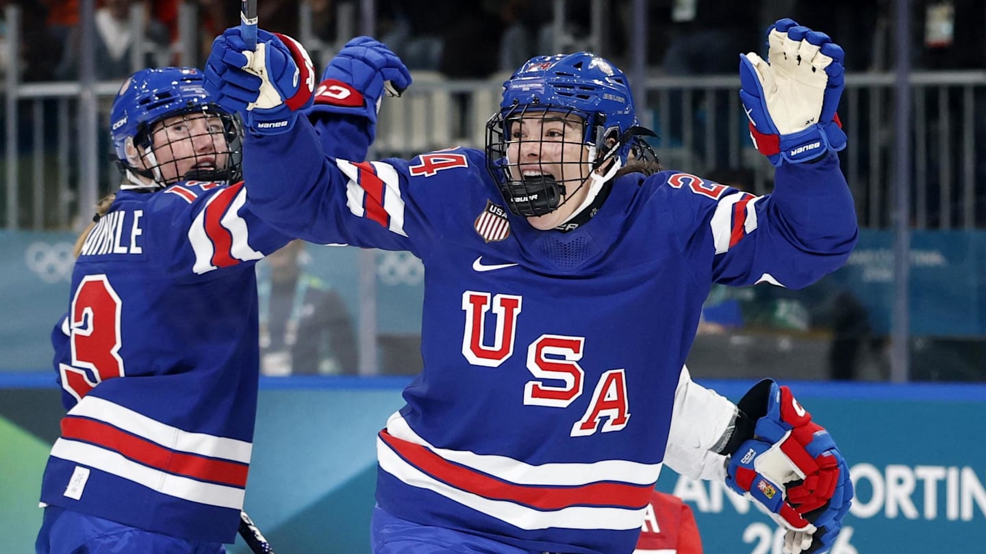 [US, Mexico & Canada customers only] Feb 5, 2026, ITALY; Joy Dunne (24) of Team United States celebrates after scoring a goal against Team Czechia in women's ice hockey Group A play during the Milano Cortina 2026 Olympic Winter Games at Milano Rho Ice Hockey Arena. Mandatory Credit: David W Cerny/Reuters via Imagn Images