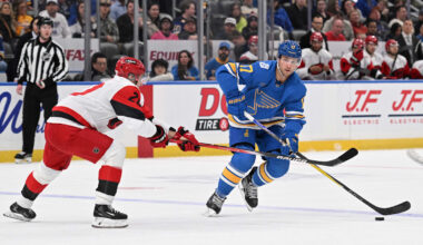 Jan 13, 2026; St. Louis, Missouri, USA; Carolina Hurricanes center Sebastian Aho (20) defends against St. Louis Blues defenseman Cam Fowler (17) in the second period at Enterprise Center. Mandatory Credit: Joe Puetz-Imagn Images