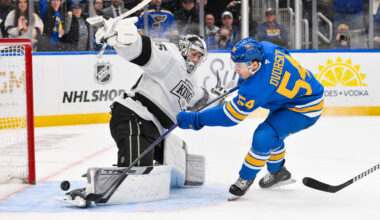 Jan 24, 2026; St. Louis, Missouri, USA; Los Angeles Kings goaltender Darcy Kuemper (35) defends the net against St. Louis Blues right wing Dalibor Dvorsky (54) during overtime at Enterprise Center. Mandatory Credit: Jeff Curry-Imagn Images