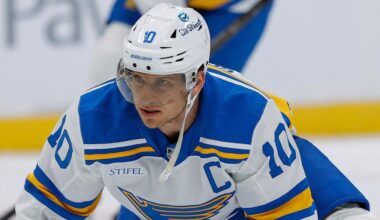 Dec 31, 2025; Denver, Colorado, USA; St. Louis Blues center Brayden Schenn (10) before the game against the Colorado Avalanche at Ball Arena. Mandatory Credit: Isaiah J. Downing-Imagn Images