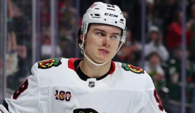 Jan 27, 2026; Saint Paul, Minnesota, USA; Chicago Blackhawks center Connor Bedard (98) reacts to his missed shootout shot against the Minnesota Wild at Grand Casino Arena. Mandatory Credit: Matt Krohn-Imagn Images