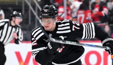 Feb 5, 2026; Newark, New Jersey, USA; New Jersey Devils center Nick Bjugstad (72) chases the puck against the New York Islanders during the second period at Prudential Center. Mandatory Credit: John Jones-Imagn Images