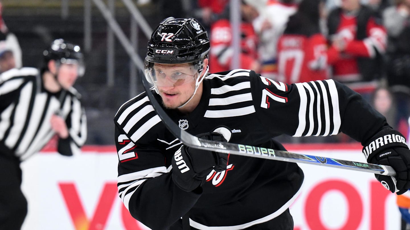 Feb 5, 2026; Newark, New Jersey, USA; New Jersey Devils center Nick Bjugstad (72) chases the puck against the New York Islanders during the second period at Prudential Center. Mandatory Credit: John Jones-Imagn Images