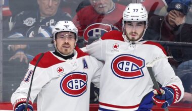Feb 4, 2026; Winnipeg, Manitoba, CAN; Montreal Canadiens right wing Brendan Gallagher (11) celebrates a goal against the Winnipeg Jets with center Kirby Dach (77) in the third period at Canada Life Centre. Mandatory Credit: James Carey Lauder-Imagn Images