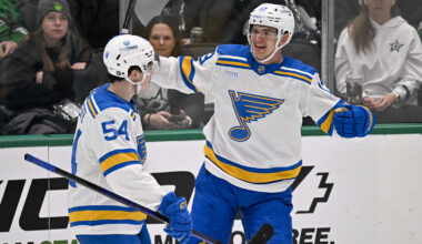 Feb 4, 2026; Dallas, Texas, USA; St. Louis Blues right wing Dalibor Dvorsky (54) and right wing Alexey Toropchenko (13) celebrates a goal scored by Toropchenko against the Dallas Stars during the third period at the American Airlines Center. Mandatory Credit: Jerome Miron-Imagn Images