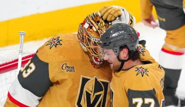Feb 5, 2026; Las Vegas, Nevada, USA; Vegas Golden Knights center Kai Uchacz (77) congratulates goaltender Adin Hill (33) after the Golden Knights defeated the Los Angeles Kings 4-1 at T-Mobile Arena. Mandatory Credit: Stephen R. Sylvanie-Imagn Images