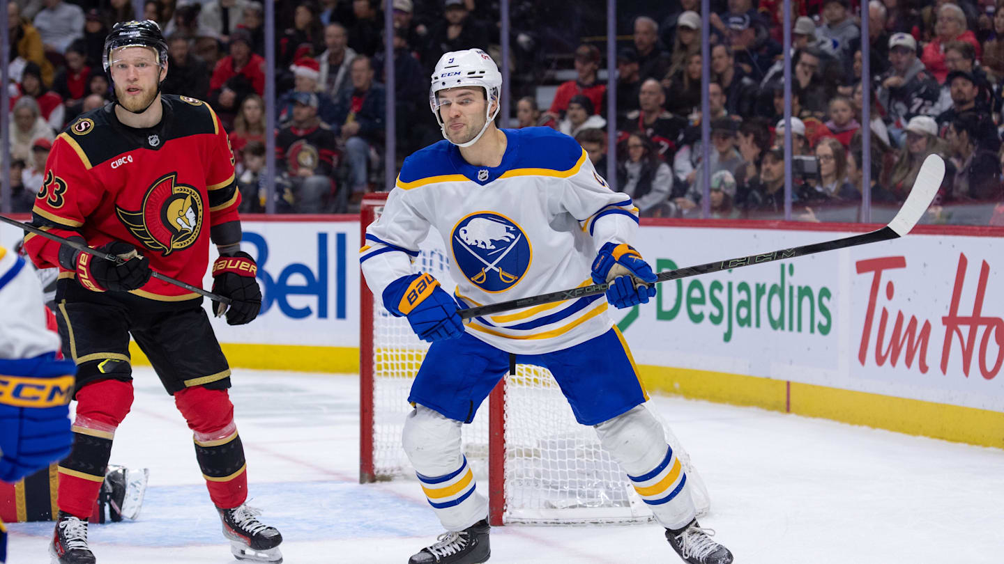 Dec 23, 2025; Ottawa, Ontario, CAN; Ottawa Senators defenseman Nikolas Matinpalo (33) and Buffalo Sabres center josh Norris (9) follow the puck in the second period at the Canadian Tire Centre. Mandatory Credit: Marc DesRosiers-IMAGN Images