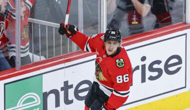 Nov 15, 2025; Chicago, Illinois, USA; Chicago Blackhawks center Teuvo Teravainen (86) celebrates after scoring against the Toronto Maple Leafs during the third period at United Center. Mandatory Credit: Kamil Krzaczynski-Imagn Images