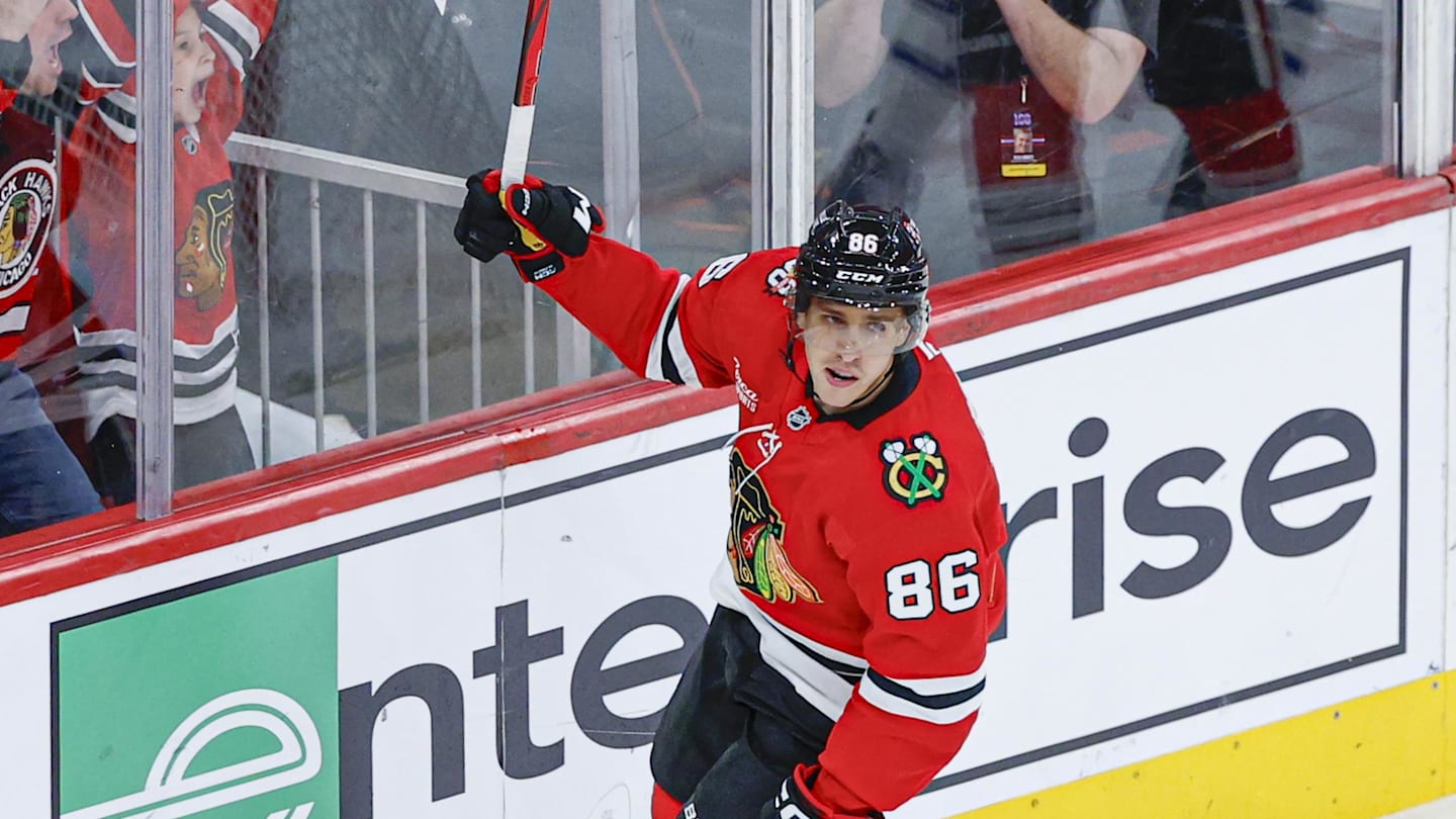 Nov 15, 2025; Chicago, Illinois, USA; Chicago Blackhawks center Teuvo Teravainen (86) celebrates after scoring against the Toronto Maple Leafs during the third period at United Center. Mandatory Credit: Kamil Krzaczynski-Imagn Images