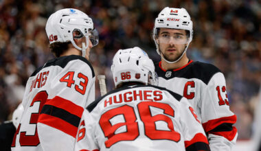 New Jersey Devils center Nico Hischier (13) and defenseman Luke Hughes (43) and center Jack Hughes (86): Isaiah J. Downing-Imagn Images