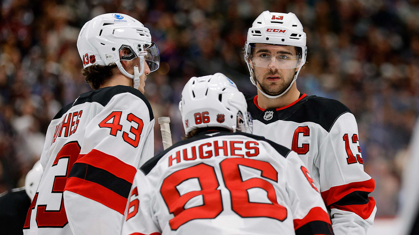 New Jersey Devils center Nico Hischier (13) and defenseman Luke Hughes (43) and center Jack Hughes (86): Isaiah J. Downing-Imagn Images