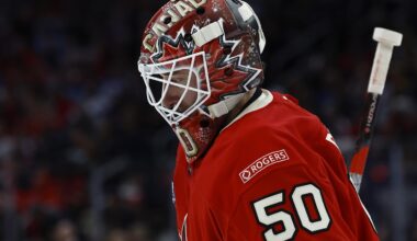 Feb 20, 2025; Boston, MA, USA; [Imagn Images direct customers only] Team Canada goaltender Jordan Binnington (50) during the 4 Nations Face-Off ice hockey championship game against the United States at TD Garden. Mandatory Credit: Winslow Townson-Imagn Images