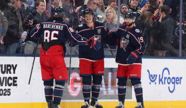 Jan 24, 2026; Columbus, Ohio, USA;  Columbus Blue Jackets left wing Mason Marchment (17) celebrates his third goal of the game with right wing Kirill Marchenko (86) and center Adam Fantilli (19) during the third period against the Tampa Bay Lightning at Nationwide Arena. Mandatory Credit: Joseph Maiorana-Imagn Images