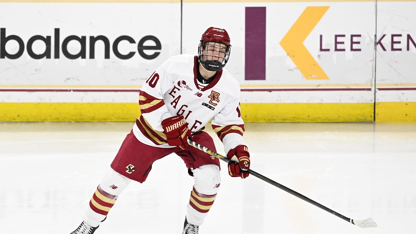 Feb 28, 2025; Chestnut Hill, MA, USA; Boston College forward James Hagens (10) skates against the University of New Hampshire Wildcats during the second period at Conte Forum. Mandatory Credit: Eric Canha-Imagn Images