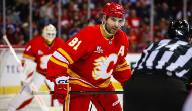 Feb 4, 2026; Calgary, Alberta, CAN; Calgary Flames center Nazem Kadri (91) against the Edmonton Oilers during the third period at Scotiabank Saddledome. Mandatory Credit: Sergei Belski-Imagn Images