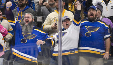 Oct 23, 2025; St. Louis, Missouri, USA; St. Louis Blues fans react after St. Louis Blues center Pius Suter (not pictured) scored against the Utah Mammoth during the second period at Enterprise Center. Mandatory Credit: Jeff Curry-Imagn Images