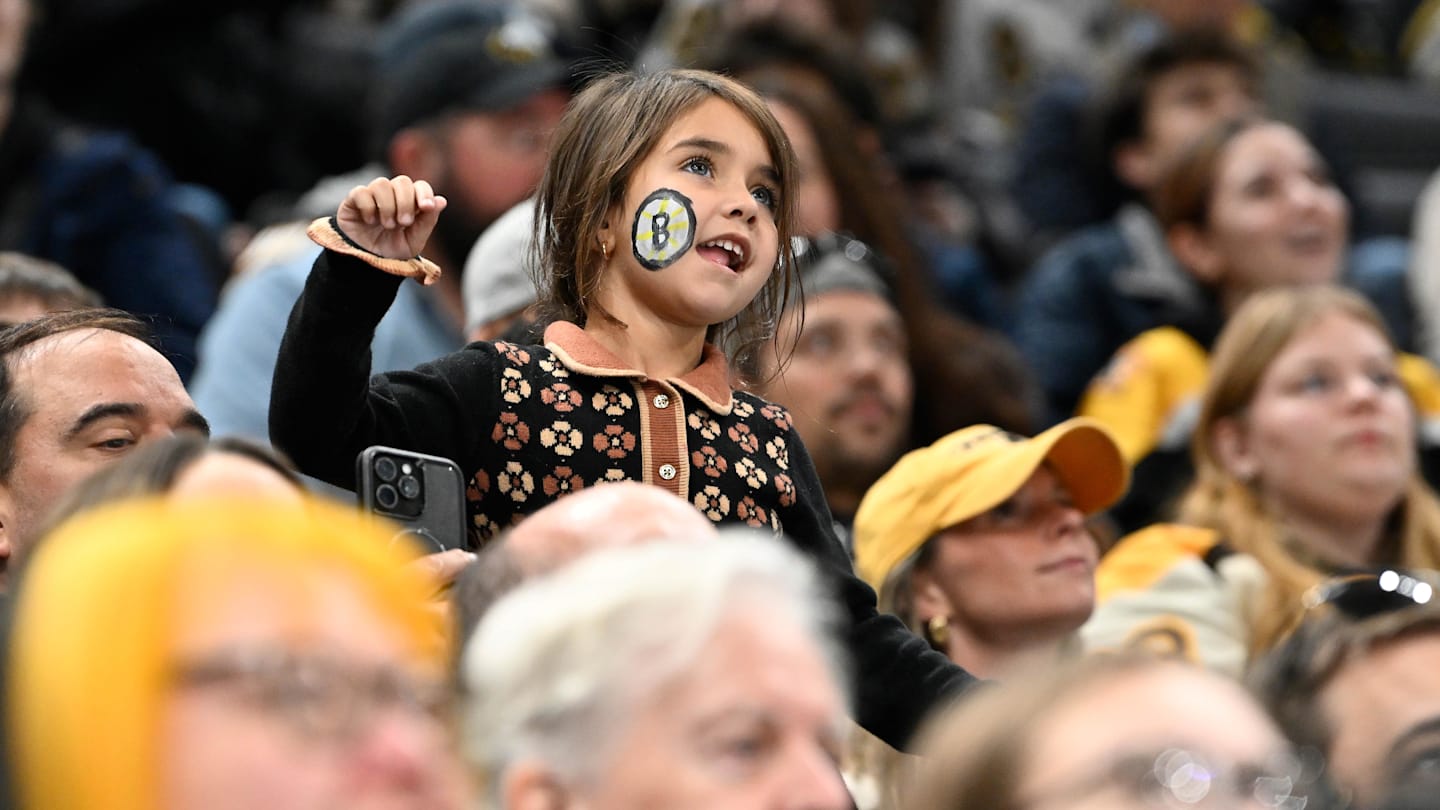Nov 1, 2025; Boston, Massachusetts, USA; A young Boston Bruins fan watches the video display during the third period against the Boston Bruins at TD Garden. Mandatory Credit: Eric Canha-Imagn Images