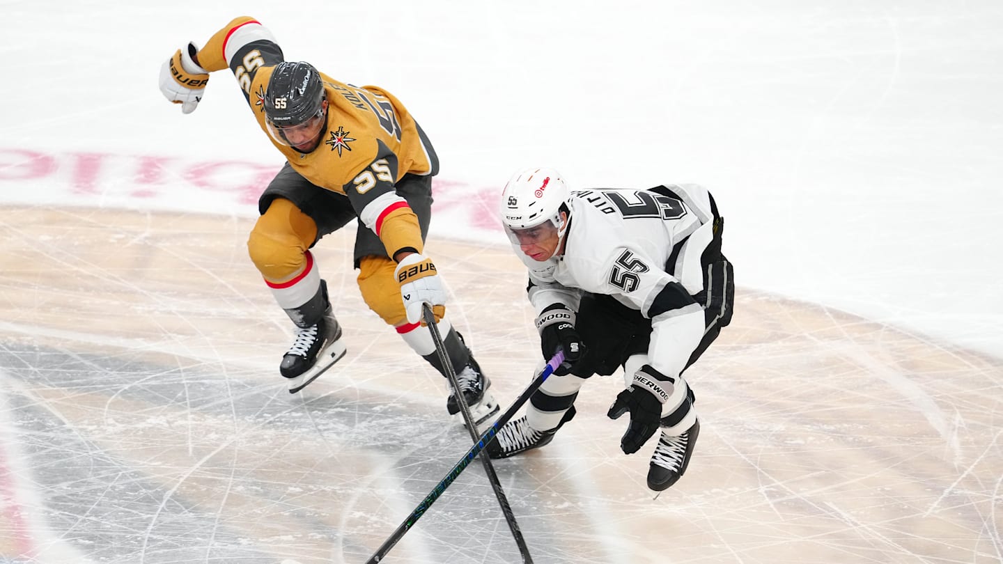 Feb 5, 2026; Las Vegas, Nevada, USA; Los Angeles Kings right wing Quinton Byfield (55) attempts to skate the puck away from Vegas Golden Knights right wing Keegan Kolesar (55) during the third period at T-Mobile Arena. Mandatory Credit: Stephen R. Sylvanie-Imagn Images