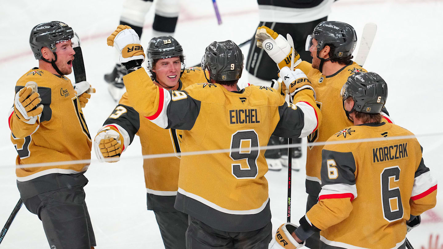 Oct 8, 2025; Las Vegas, Nevada, USA; Vegas Golden Knights right wing Mitch Marner (93) celebrates with Vegas Golden Knights center Jack Eichel (9), after assisting on a goal scored by Eichel against the Los Angeles Kings during the third period at T-Mobile Arena. Mandatory Credit: Stephen R. Sylvanie-Imagn Images