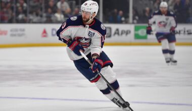 Dec 22, 2025; Los Angeles, California, USA; Columbus Blue Jackets center Adam Fantilli (19) controls the puck against the Los Angeles Kings during the first period at Crypto.com Arena. Mandatory Credit: Gary A. Vasquez-Imagn Images