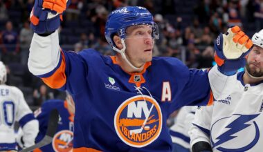 Dec 2, 2025; Elmont, New York, USA; New York Islanders center Bo Horvat (14) celebrates his goal against the Tampa Bay Lightning during the second period at UBS Arena. Mandatory Credit: Brad Penner-Imagn Images