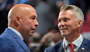 Jul 7, 2022; Montreal, Quebec, CANADA; Montreal Canadiens general manager Kent Hughes (left) talks with head coach Martin St. Louis before the first round of the 2022 NHL Draft at Bell Centre. Mandatory Credit: Eric Bolte-Imagn Images