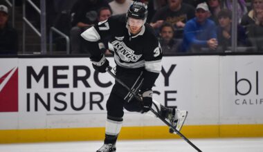 Dec 22, 2025; Los Angeles, California, USA; Los Angeles Kings left wing Warren Foegele (37) shoots on goal against the Columbus Blue Jackets during the second period at Crypto.com Arena. Mandatory Credit: Gary A. Vasquez-Imagn Images