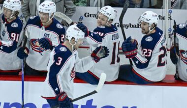Blue Jackets center Charlie Coyle celebrates a goal with his bench.