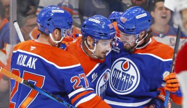 Oct 23, 2025; Edmonton, Alberta, CAN; The Edmonton Oilers celebrate a goal scored by forward David Tomasek (86), his first in the NHL during the first period against the Montreal Canadiens at Rogers Place. Mandatory Credit: Perry Nelson-Imagn Images