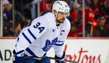Feb 2, 2026; Calgary, Alberta, CAN; Toronto Maple Leafs center Auston Matthews (34) against the Calgary Flames during the second period at Scotiabank Saddledome. Mandatory Credit: Sergei Belski-Imagn Images