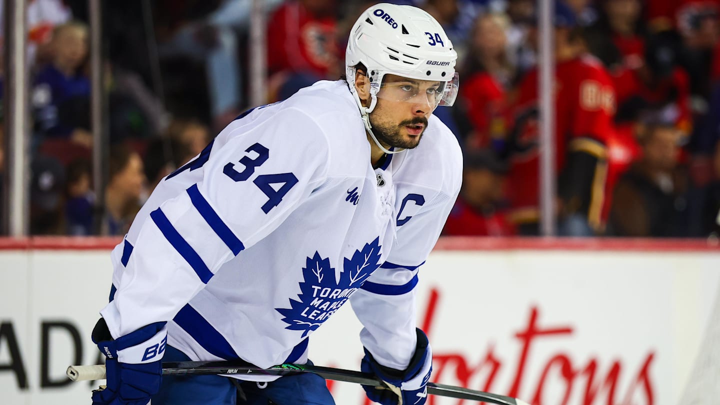 Feb 2, 2026; Calgary, Alberta, CAN; Toronto Maple Leafs center Auston Matthews (34) against the Calgary Flames during the second period at Scotiabank Saddledome. Mandatory Credit: Sergei Belski-Imagn Images