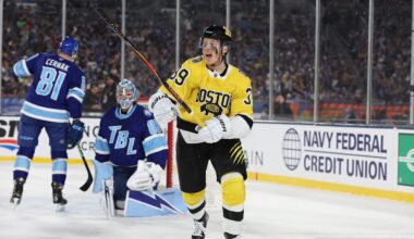 Feb 1, 2026; Tampa Bay, Florida, USA; Boston Bruins center Morgan Geekie (39) reacts after scoring a goal against the Tampa Bay Lightning during the first period in the 2026 Stadium Series ice hockey game at Raymond James Stadium. Mandatory Credit: Kim Klement Neitzel-Imagn Images
