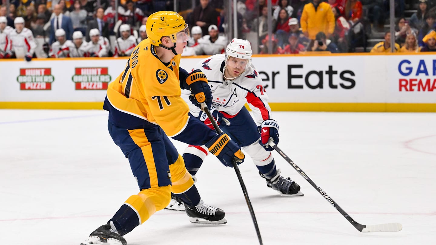 Jan 11, 2026; Nashville, Tennessee, USA;  Nashville Predators right wing Matthew Wood (71) takes a shot on goal against the Washington Capitals during the third period at Bridgestone Arena. Mandatory Credit: Steve Roberts-Imagn Images