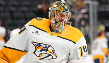 Jan 17, 2026; Las Vegas, Nevada, USA; Nashville Predators goaltender Juuse Saros (74) warms up before a game against the Vegas Golden Knights at T-Mobile Arena. Mandatory Credit: Stephen R. Sylvanie-Imagn Images