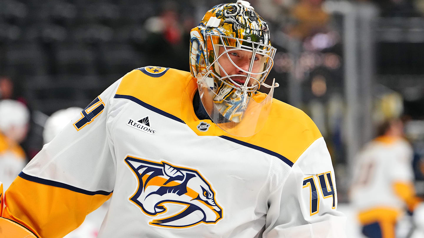 Jan 17, 2026; Las Vegas, Nevada, USA; Nashville Predators goaltender Juuse Saros (74) warms up before a game against the Vegas Golden Knights at T-Mobile Arena. Mandatory Credit: Stephen R. Sylvanie-Imagn Images
