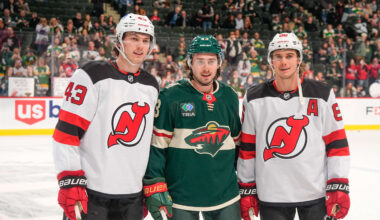 Vancouver Canucks defenseman Quinn Hughes (43) and New Jersey Devils center Jack Hughes (86): Ed Mulholland-Imagn Images