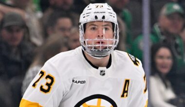 Jan 20, 2026; Dallas, Texas, USA;  Boston Bruins defenseman Charlie McAvoy (73) skates against the Dallas Stars during the game at the American Airlines Center. Mandatory Credit: Jerome Miron-Imagn Images