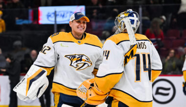 Dec 10, 2023; Montreal, Quebec, CAN; Nashville Predators goalie Kevin Lankinen (32) and goalie Juuse Saros (74) celebrate the win against the Montreal Canadiens after the third period at Bell Centre. Mandatory Credit: David Kirouac-Imagn Images