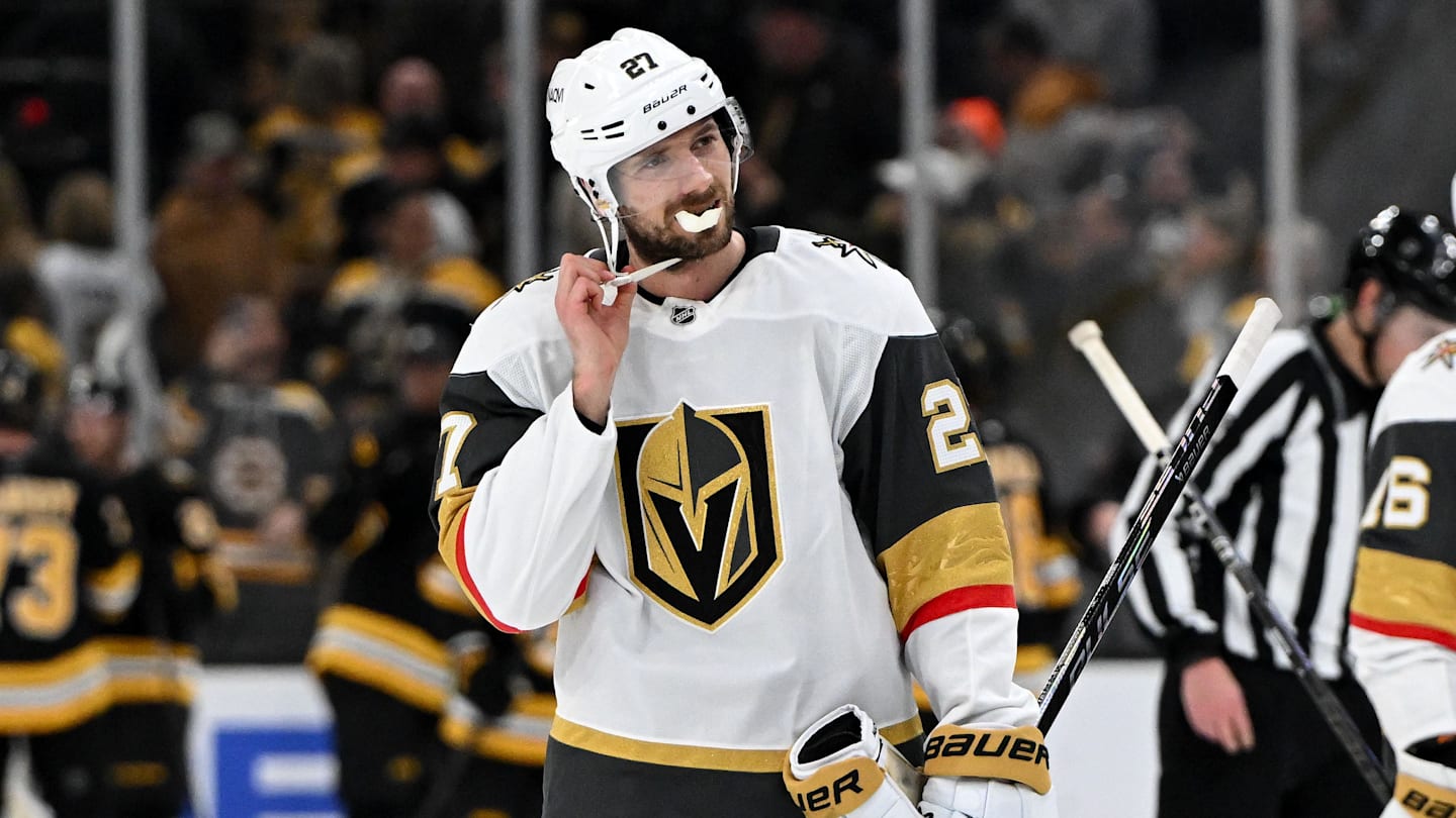 Jan 22, 2026; Boston, Massachusetts, USA; Vegas Golden Knights defenseman Shea Theodore (27) skates off of the ice after a game against the Boston Bruins at the TD Garden. Mandatory Credit: Brian Fluharty-Imagn Images